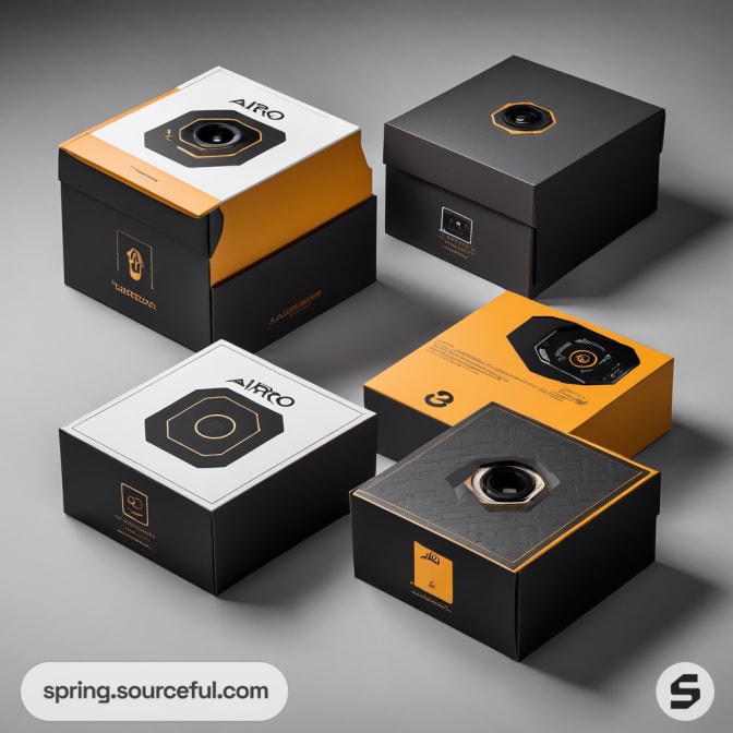 Black and orange tech packaging boxes arranged on a light surface.