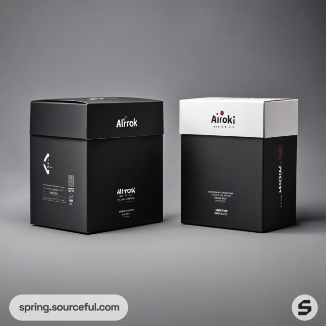 Two sleek black tech boxes with minimalist designs on a gray background.
