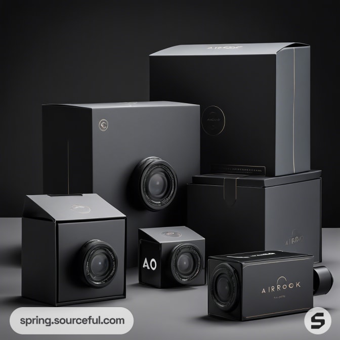 Stacked black tech boxes with lenses on dark surface, showcasing sleek design.