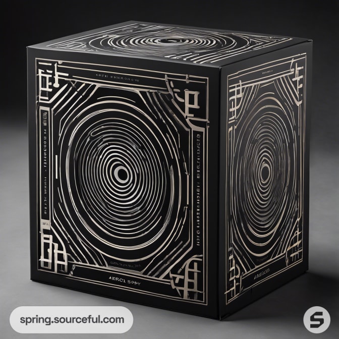 Ornate black box with intricate silver circular patterns on all sides.