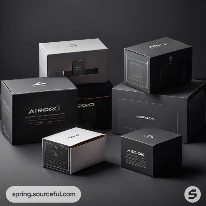 Assorted black and gray tech boxes with minimalistic branding on dark surface.