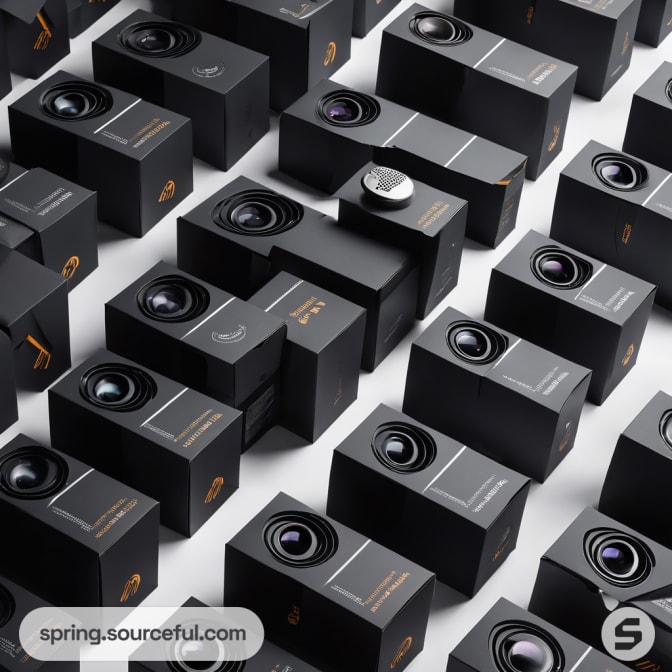 Numerous black tech boxes with lens-like features arranged in a geometric pattern.