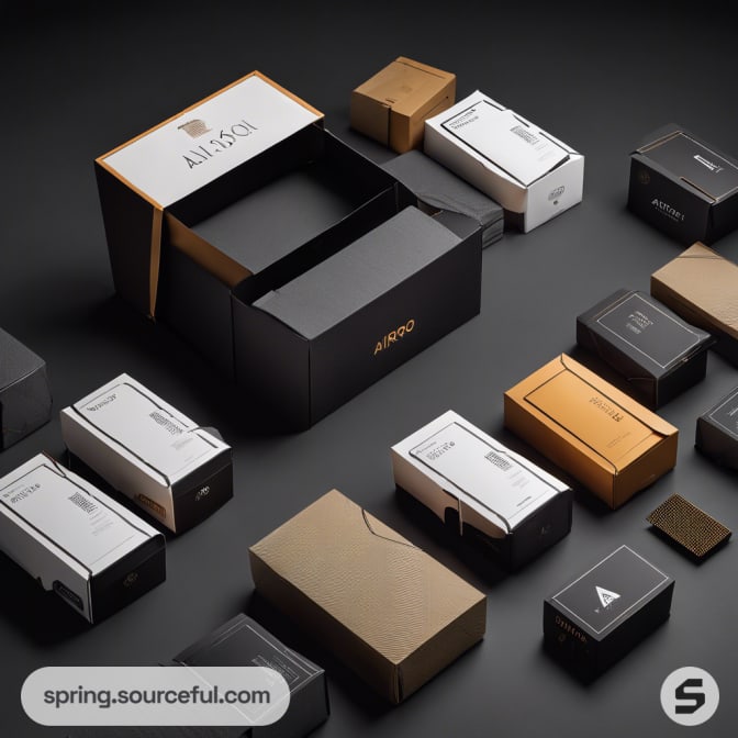 Assorted black, white, and gold tech product boxes with minimal branding.