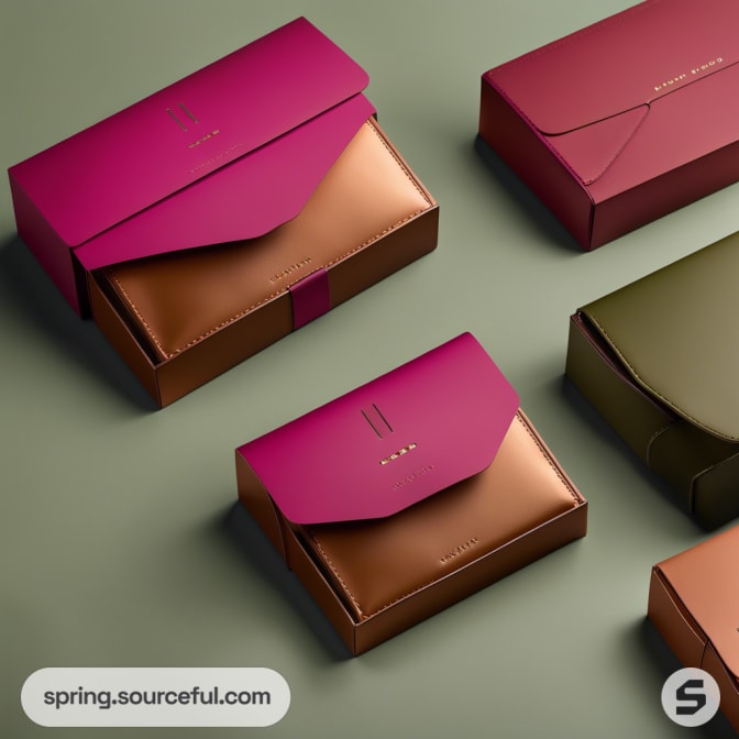 Elegant packaging in shades of pink, brown, and green with matching envelopes on a green surface.