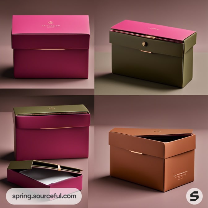 Modular storage boxes in pink, olive, and brown with snap closures on a neutral background.