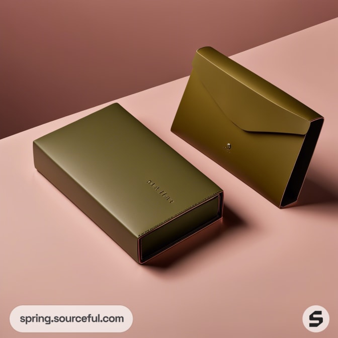 Olive green mailer box and envelope on a pink surface.