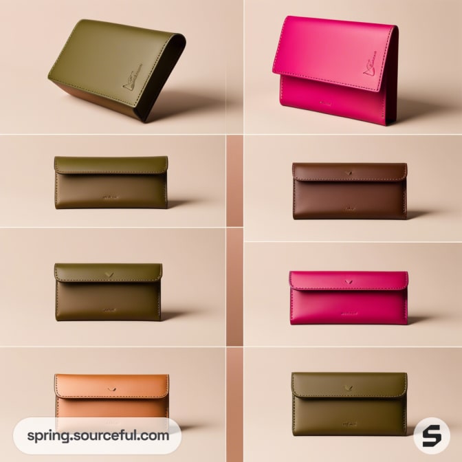 Collection of colorful leather wallets in green, pink, brown, and tan on a neutral background.