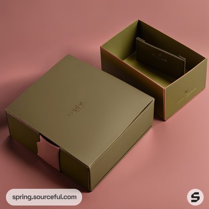 Elegant green foldable boxes with lid and hinge closure, set on a muted pink background.