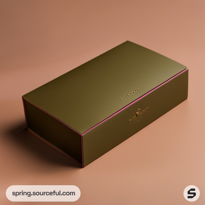 Olive green rectangular box with subtle pink accents on a brown surface.