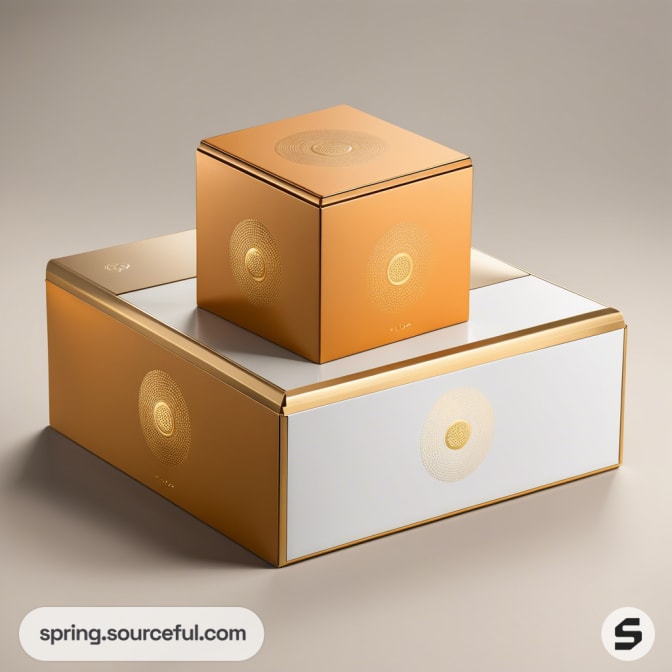 Two luxury gold and white cubes with embossed circular designs, stacked on a beige background.