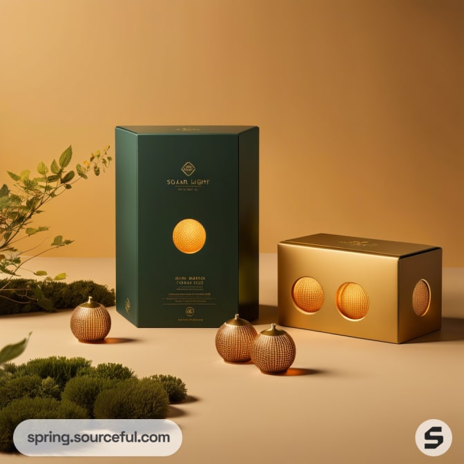 Two elegant product boxes, one green and one gold, surrounded by decorative greenery and small pumpkins.