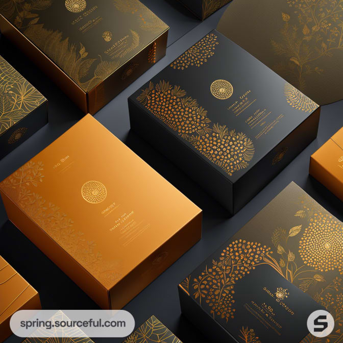 Elegant black and gold patterned gift boxes with floral designs on a dark background.