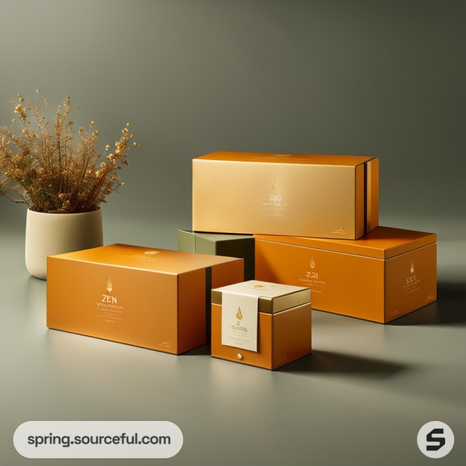 Assorted golden orange and olive green boxes with minimalist design, on a neutral background with a plant vase nearby.