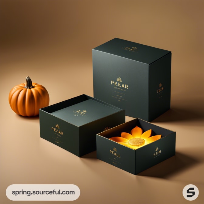 Dark green boxes with gold text, one open showing a sun-shaped object. A small pumpkin is in the background.