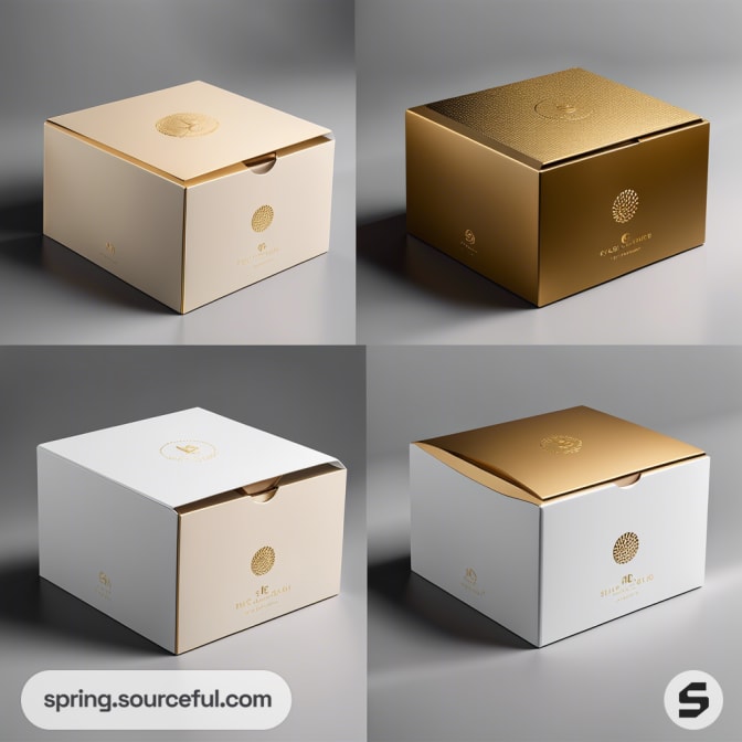 Gold and white luxury boxes with subtle logo, featuring glossy and matte finishes, on a gray background.