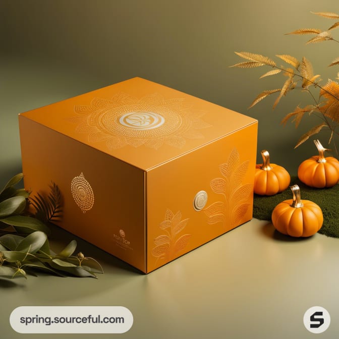 Orange gift box with floral patterns, surrounded by small pumpkins and leaves, on a soft green background.