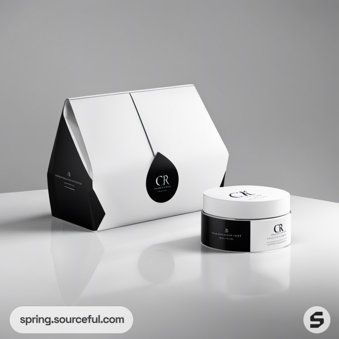 White triangular box with black and white round jar