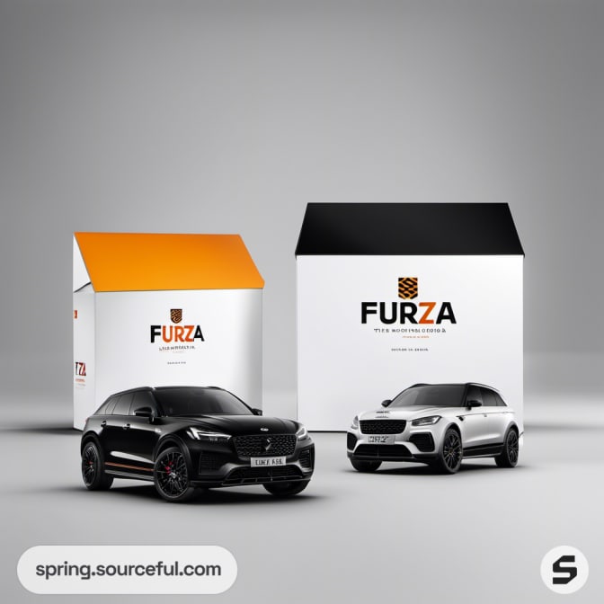 Black and white car models with branded packaging in orange-top box.