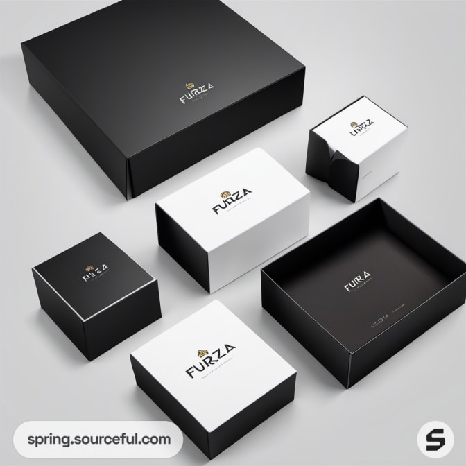 Assorted black and white rigid boxes with branded text and open lids.