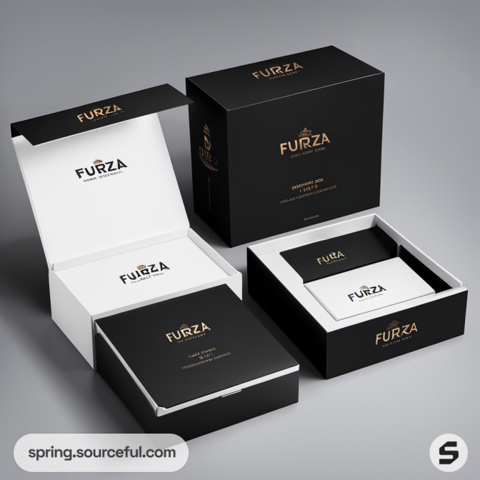 Stacked black and white boxes with branding, open to show inner compartments.