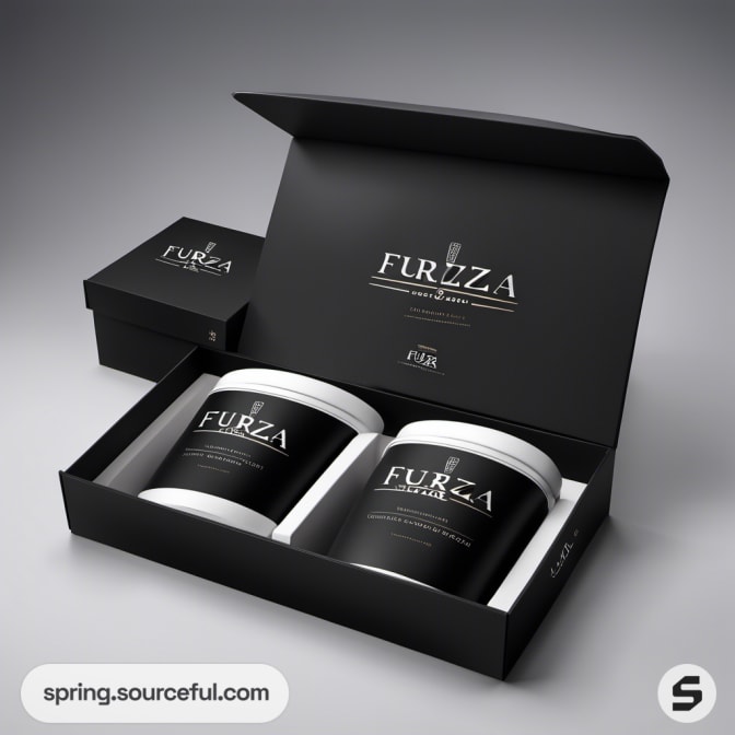 Open black box with two cylindrical containers, branded with white text.