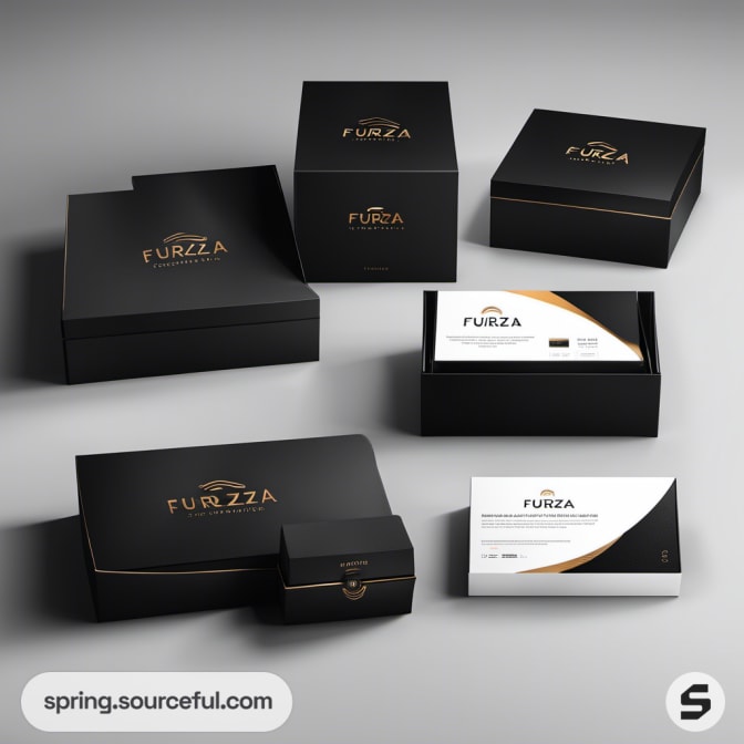 Collection of black boxes with gold accents and branded business card.
