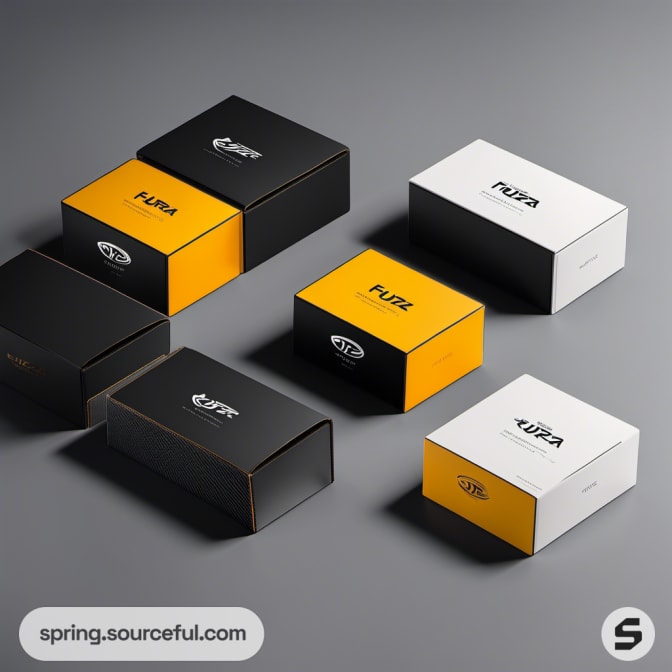 Two-tone black and white boxes with bold typography and sleek design.