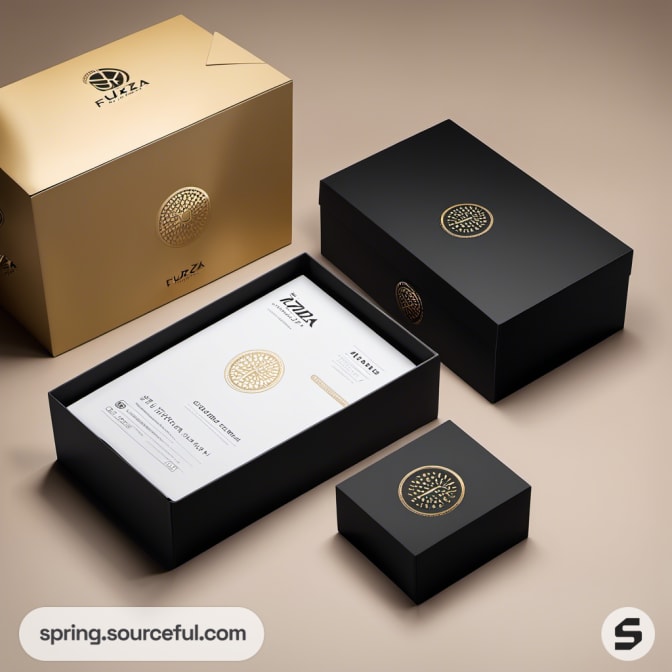 Black and gold boxes with detailed brand insignia, open to reveal contents.