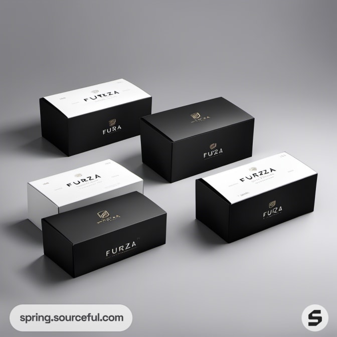 Rectangular black and white boxes with minimal branding on gray background.