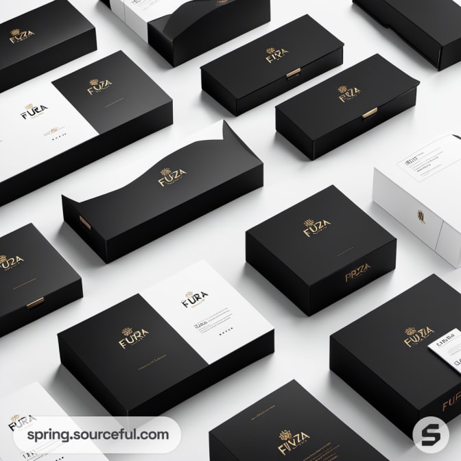 Arrangement of black and white boxes with extensive branding, lids open.