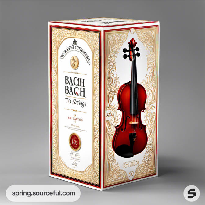 Elegant violin-themed packaging box with red and gold accents on a white background.