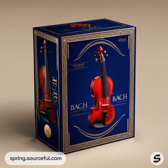 Luxurious navy blue violin packaging with intricate golden designs.