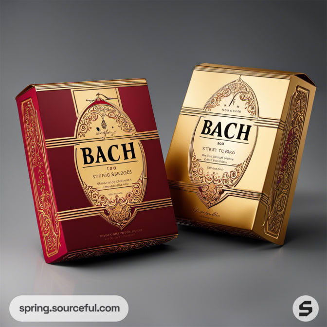 Two ornate boxes, one gold and one burgundy, featuring elegant violin-themed designs.