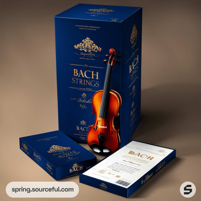 Tall navy blue packaging featuring a violin and ornate gold detailing.