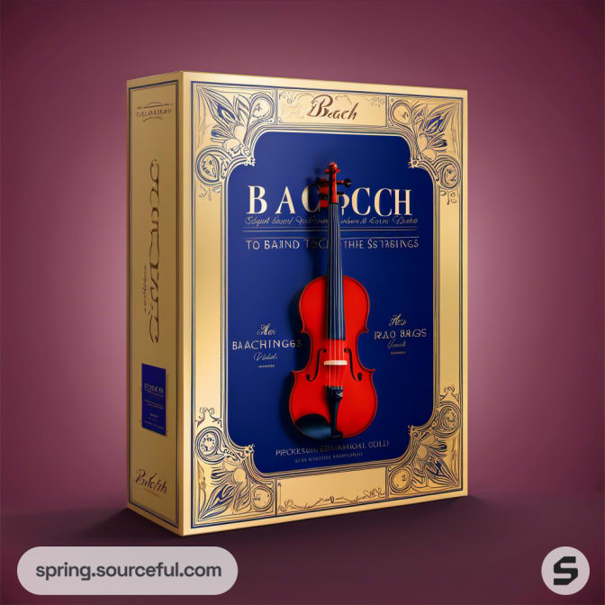 Regal purple box with decorative gold patterns and a prominent violin image.