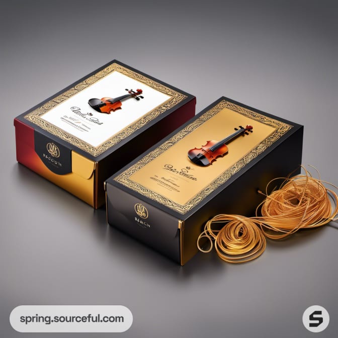 Two decorative violin-themed boxes with gold and burgundy design elements.