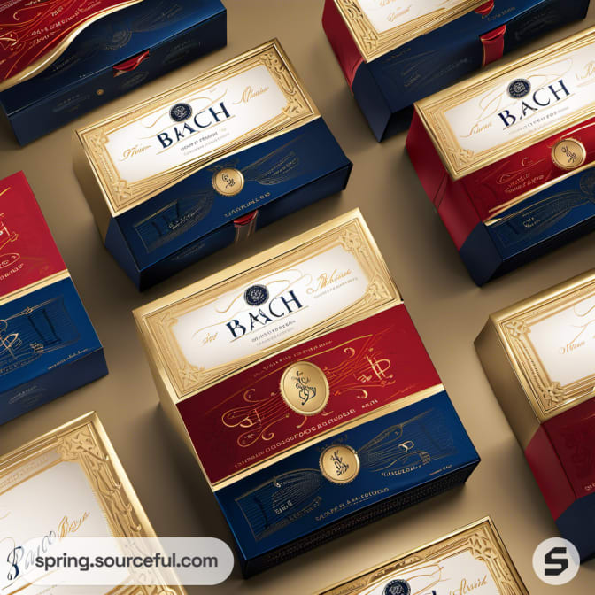 Array of violin-themed boxes with gold, red, and navy designs.