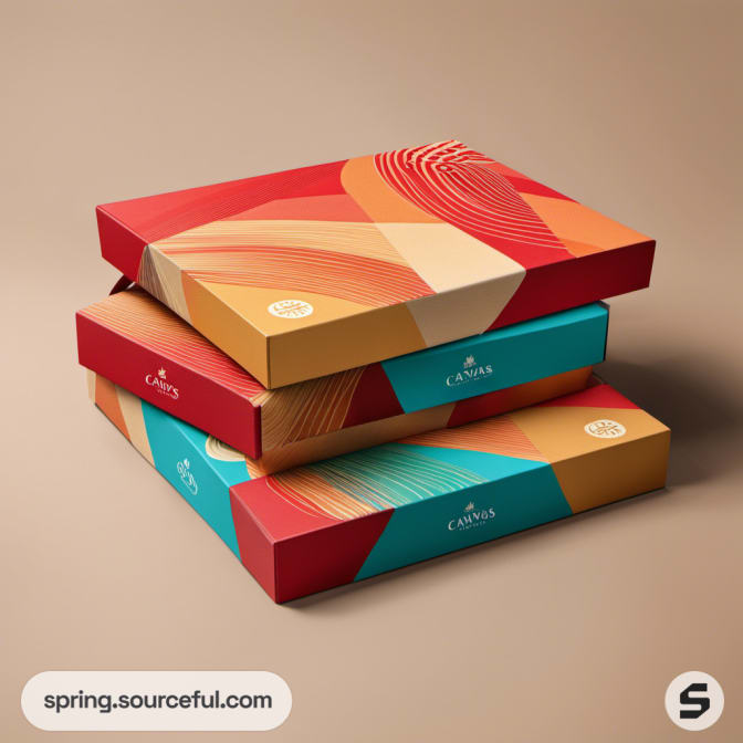 Colorful mailer boxes with abstract patterns on neutral background.