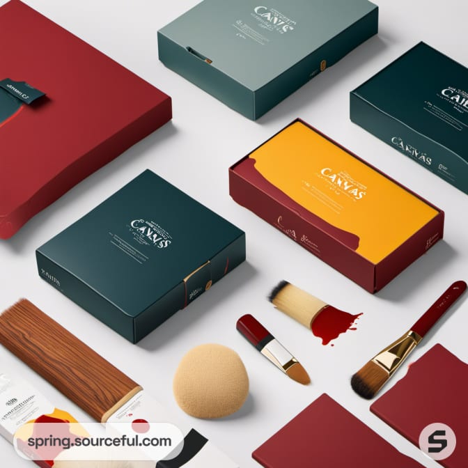 Colorful cosmetic packaging with brushes and accessories.