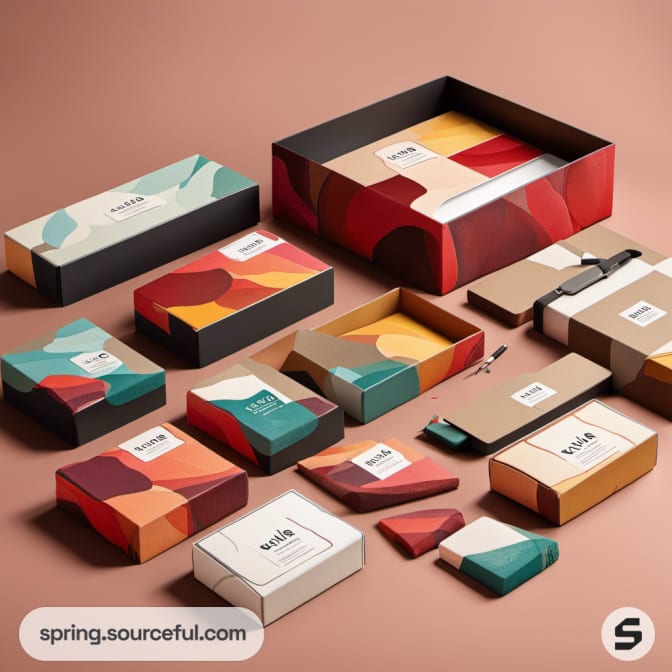 Assorted boxes with abstract designs and neutral background.