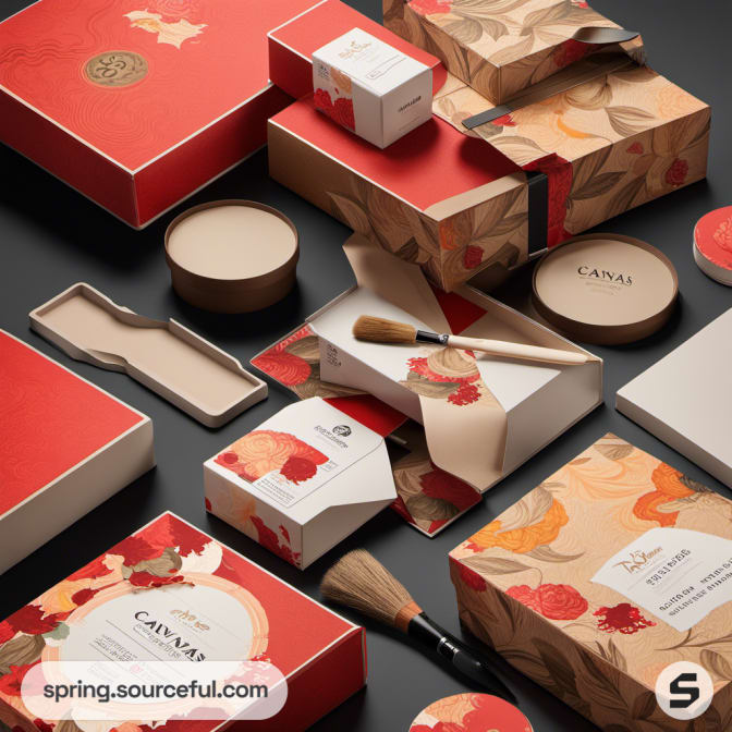 Floral and red packaging with brushes and containers.