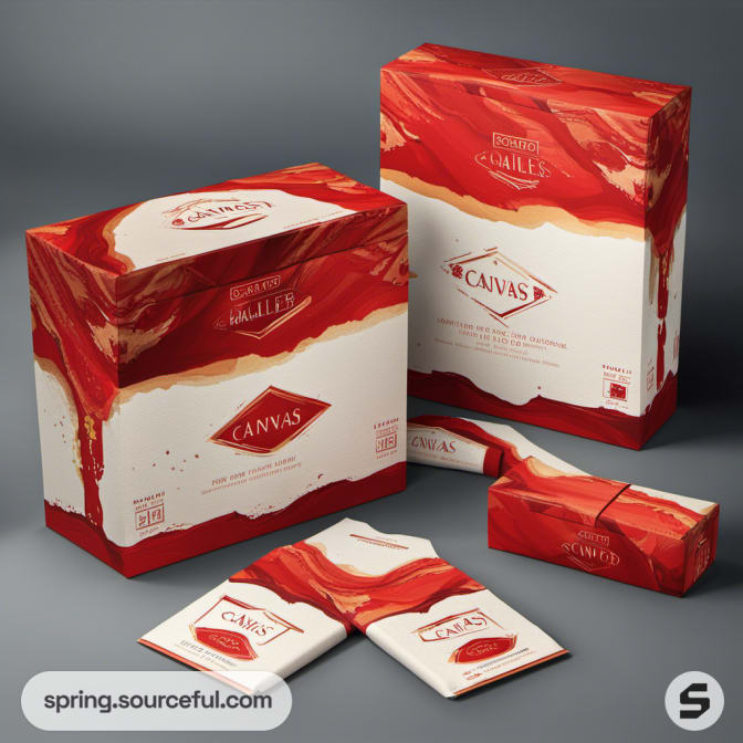 Red and white swirled packaging with brushes and accessories.