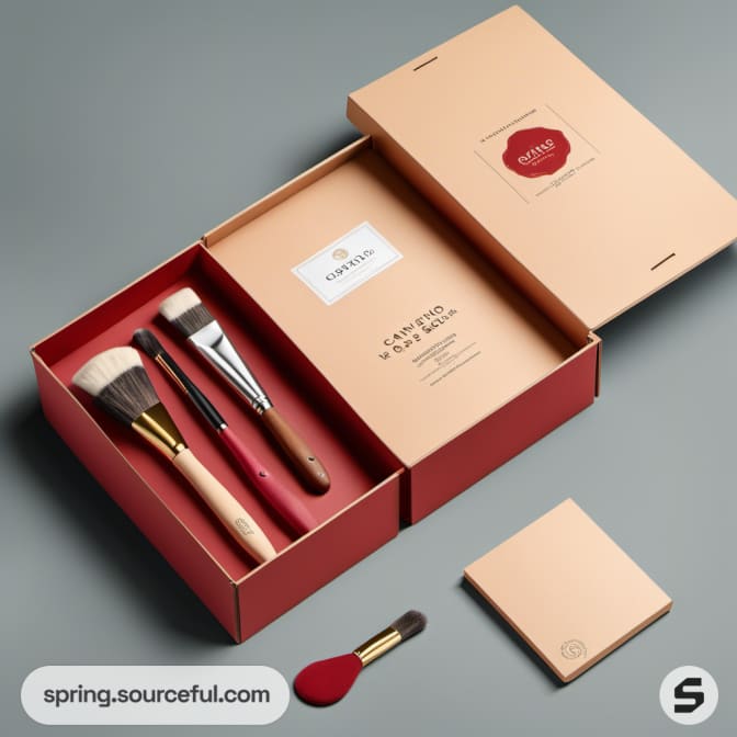 Box with brushes; elegant beige and red packaging.