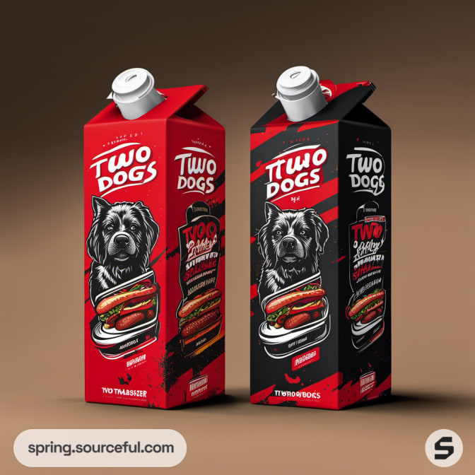 Red and black beverage cartons with hot dog illustrations.
