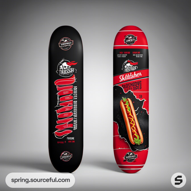 Black and red skateboard designs featuring hot dog graphics.