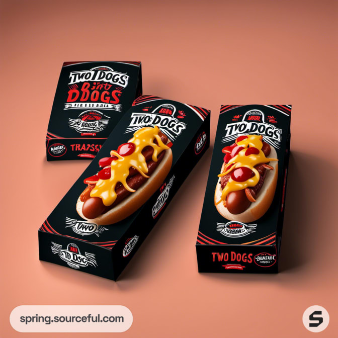 Black and red packaging for hot dogs with cheese topping.