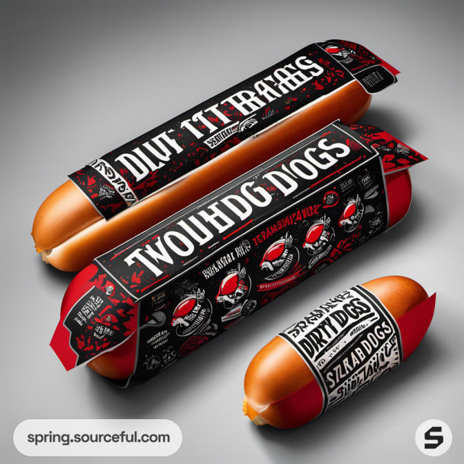 Black and red packaging for hot dogs with bold typography.