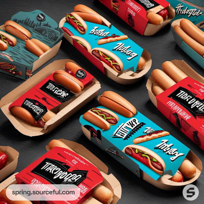 Blue and red trays with packaged hot dogs, various styles.