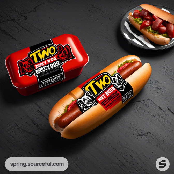 Red packaging with two hot dogs and bold graphics.