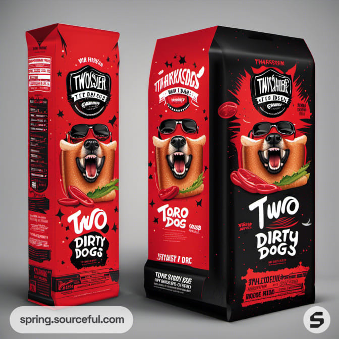 Red and black packets featuring cartoon dog and hot dog.